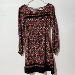 LC Lauren Conrad Black Red Floral Long Sleeve BoHo Mini Dress Size XS